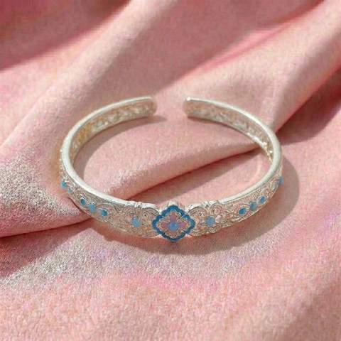 Vòng Tay Bạc Kiềng Cứng Men Xanh - Vòng Đặc Bạc Nguyên Chất - VTBKCMX0035