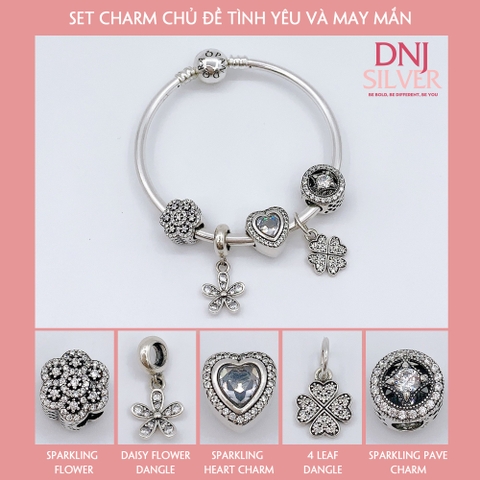 Vòng tay bạc S925, vòng tay charm thời trang phong thủy, Set Charm Chủ Đề Tình Yêu và May Mắn - Mã DS0004