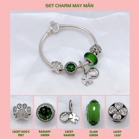 Vòng tay bạc S925, vòng tay charm thời trang phong thủy, Set Charm May Mắn - Mã DS0018