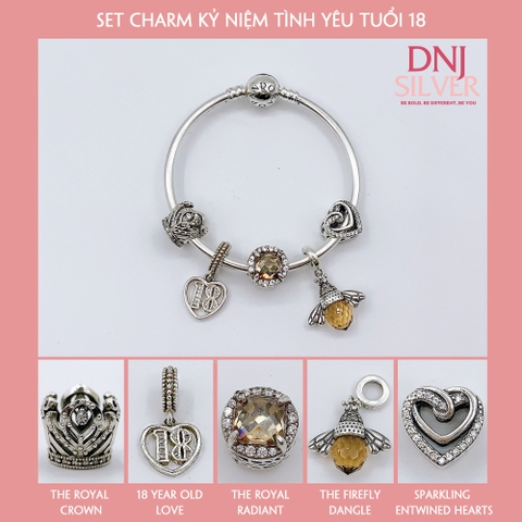 Vòng tay bạc S925, vòng tay charm thời trang phong thủy, Set Charm Kỷ Niệm Tình Yêu Tuổi 18 - Mã DS0042