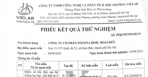 CÔNG TY TOYOTA IDMC HOÀI ĐỨC CÔNG BỐ KẾT QUẢ QUAN TRẮC KHÍ THẢI