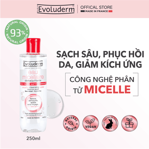 Nước tẩy trang Evoluderm Micellaire chiết xuất Lô Hội dành cho da mẫn cảm dễ kích ứng 250ml