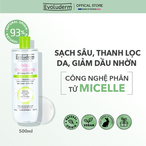 Nước tẩy trang Evoluderm Micellaire chiết xuất bưởi hồng dành cho da hỗn hợp và dầu mụn 500ml