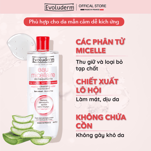 Nước tẩy trang Evoluderm Micellaire chiết xuất Lô Hội dành cho da mẫn cảm dễ kích ứng 500ml