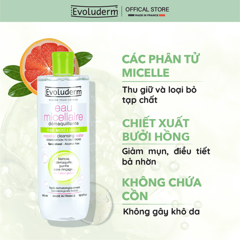 Nước tẩy trang Evoluderm Micellaire chiết xuất bưởi hồng dành cho da hỗn hợp và dầu mụn 500ml