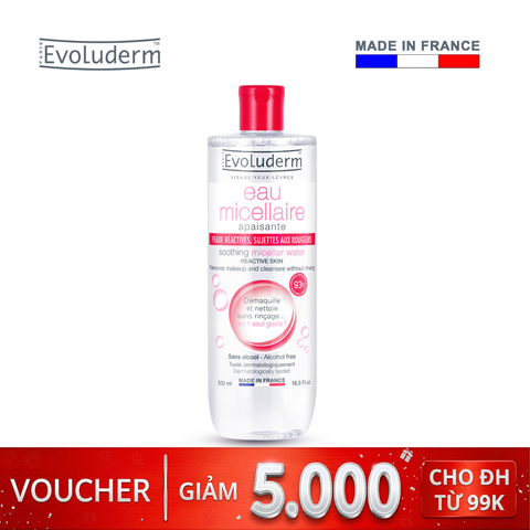 Nước tẩy trang Evoluderm Micellaire chiết xuất Lô Hội dành cho da mẫn cảm dễ kích ứng 500ml