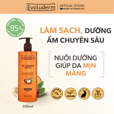 Gel tắm Evoluderm chiết xuất Tinh dầu Argan và Bơ Hạt Mỡ 500ml