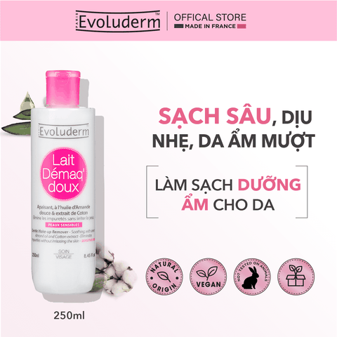 Sữa tẩy trang rửa mặt Evoluderm dưỡng ẩm dịu nhẹ dành cho da nhạy cảm 250ml