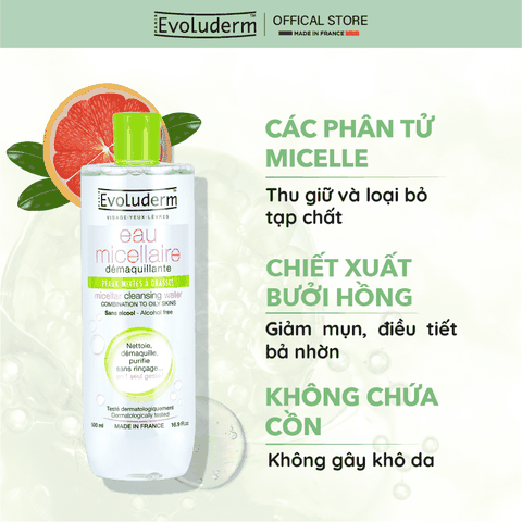 Nước tẩy trang Evoluderm Micellaire chiết xuất bưởi hồng dành cho da hỗn hợp và dầu mụn