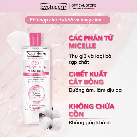 Nước tẩy trang Evoluderm Micellaire chiết xuất cây Bông dành cho da khô và nhạy cảm