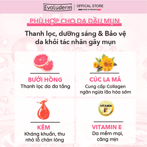 Gel rửa mặt Evoluderm ngăn ngừa mụn chiết xuất Bưởi hồng và hoa Cúc 250ml