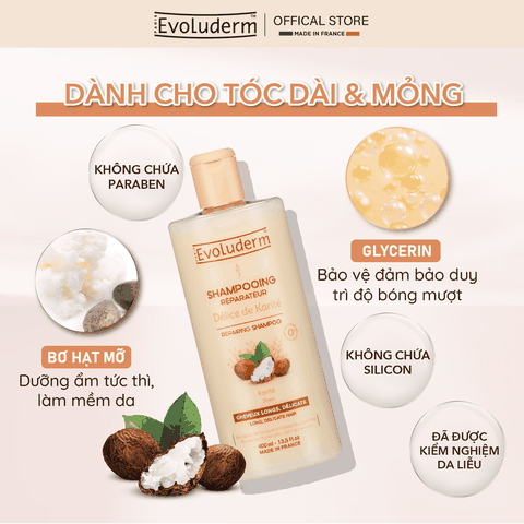 Dầu gội dành cho tóc dài và yếu dễ gãy rụng Evoluderm chiết xuất Bơ Hạt Mỡ - 400ml