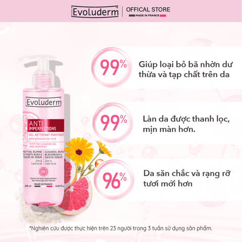 Gel rửa mặt Evoluderm ngăn ngừa mụn chiết xuất Bưởi hồng và hoa Cúc 250ml