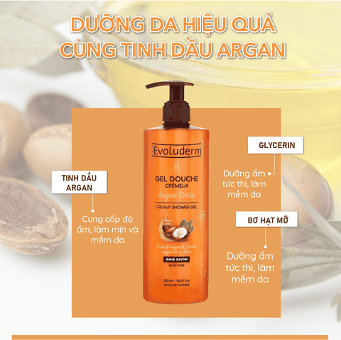 Gel tắm Evoluderm chiết xuất Tinh dầu Argan và Bơ Hạt Mỡ 500ml