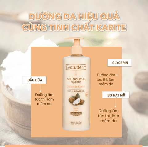 Gel tắm Evoluderm chiết xuất từ Bơ Hạt Mỡ - Karite 500ml