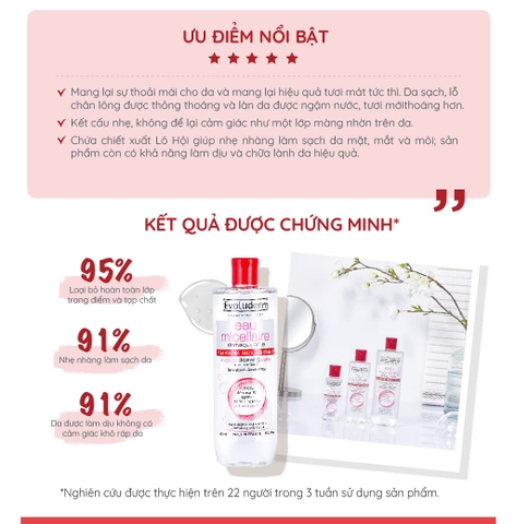 Nước tẩy trang Evoluderm Micellaire chiết xuất Lô Hội dành cho da mẫn cảm dễ kích ứng