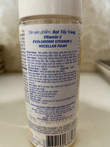Sữa rửa mặt Micellar dạng bọt Vitamin C Evoluderm 150ml