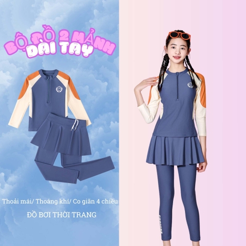 Đồ Bơi Bé Gái Tay Dài Quần Dài Phối Váy Công Chúa Chống Nắng, Thiết Kế Điệu Đà Siêu Xinh