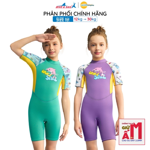Đồ bơi giữ nhiệt bé gái Dive&Sail liền thân tay ngắn chất liệu cao su dày 2.5mm  – Giữ ấm, chống lạnh, thích hợp lặn ống thở, bơi lội, lướt sóng và chống nắng.