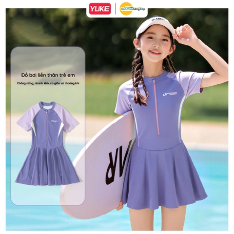 Bộ đồ bơi bé gái YUKE váy liền thân độ đàn hồi cao, thiết kế màu tương phản, chất liệu vải kháng Clo
