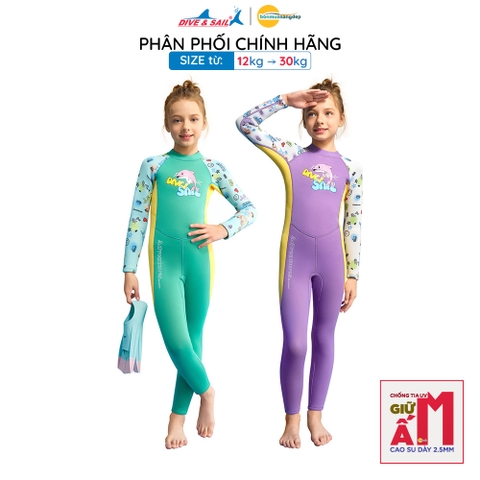 Đồ bơi giữ nhiệt bé gái Dive&Sail liền thân tay dài chất liệu cao su dày 2.5mm – Giữ ấm, chống lạnh, phù hợp để lặn ống thở, lướt sóng chống nắng và chống sứa.