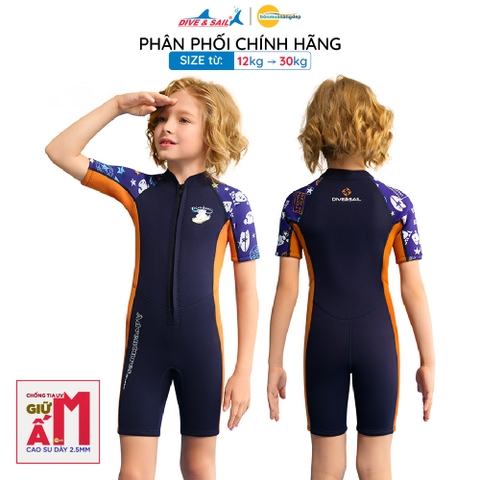 Bộ đồ bơi giữ nhiệt bé trai Dive&Sail 2.5mm, kiểu liền thân, tay ngắn, khóa kéo phía trước, chống UV