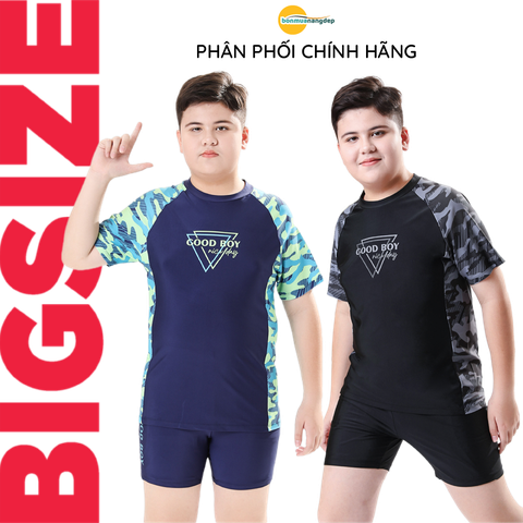 Đồ bơi bé trai BIG SIZE tay ngắn quần ngắn kèm mũ, size từ 34kg - 73kg