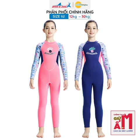 Đồ bơi giữ nhiệt bé gái Dive and Sail size 12-30kg tay dài quần dài cao su dày 2.5mm giữ ấm