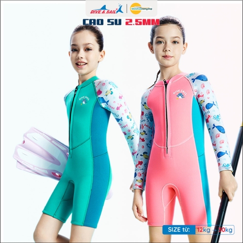 Đồ bơi giữ nhiệt bé gái Dive and Sail size 12-30kg cao su dày 2.5mm giữ ấm ngăn tia UV