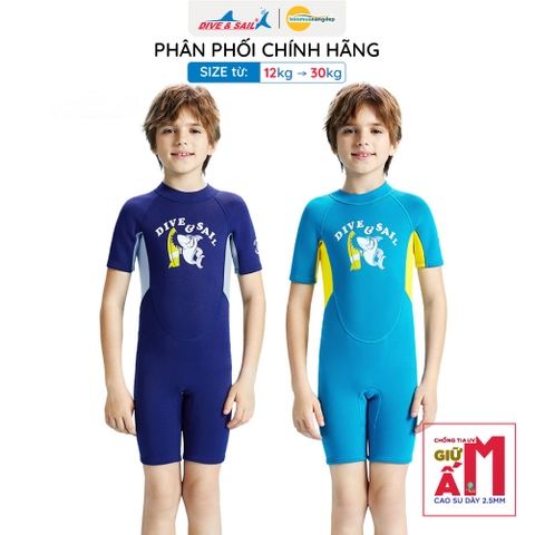 Đồ bơi giữ nhiệt bé trai Dive and Sail size 12-30kg cao su dày 2.5mm giữ ấm ngăn tia UV