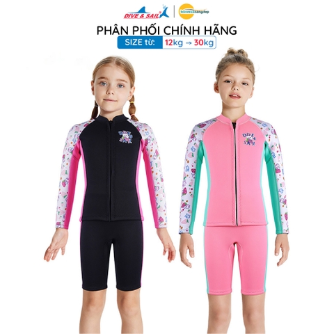 Đồ bơi giữ nhiệt bé gái Dive and Sail size 12-30kg, cao su dày 2.5mm ngăn tia UV giữ ấm