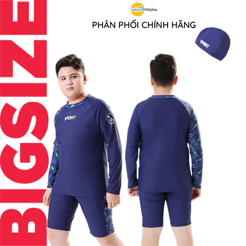 Bộ đồ bơi bé trai BIG SIZE tay dài quần ngắn tặng kèm mũ cho bé từ 34-73kg
