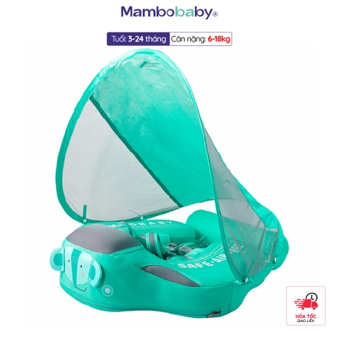Phao ngực có mái che Mambobaby cho bé 3–24 tháng, xốp Pearl Foam, họa tiết con voi, chống nắng