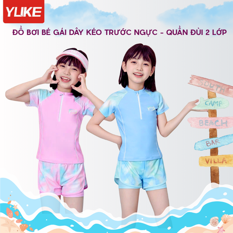 Đồ bơi bé gái YUKE tay ngắn quần ngắn ombre sôi động khóa kéo trước tiện lợi size từ 10–30kg