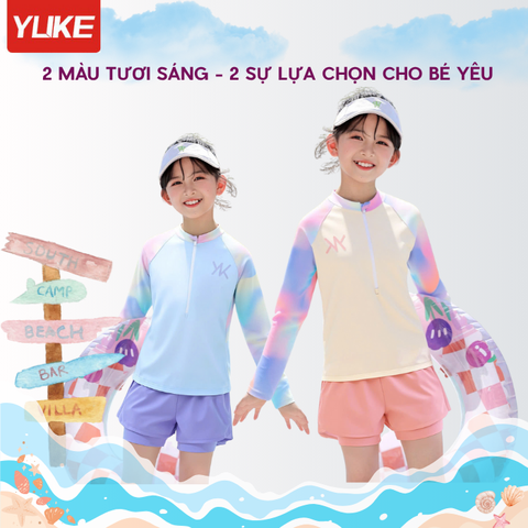 Đồ bơi bé gái YUKE tay dài quần ngắn ombre sôi động khóa kéo trước tiện lợi size từ 10–30kg