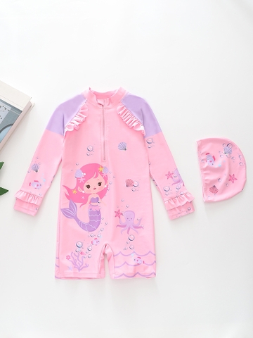 Đồ bơi bé gái liền thân tay dài chống nắng, bèo nhúng điệu đà, khóa kéo trước, tặng kèm nón bơi size 16-34kg