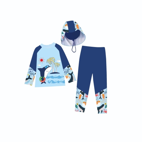 Đồ bơi bé trai tay dài quần dài họa tiết đại dương kèm nón che gáy chống nắng size từ 16-34kg