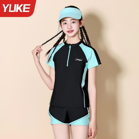 Đồ bơi bé gái tay ngắn, quần đùi 2 lớp hiệu YUKE phối màu đen xanh