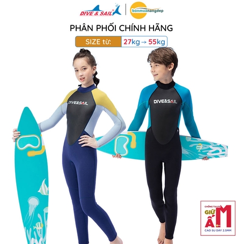 Đồ bơi giữ nhiệt bé gái Dive and Sail chất cao su dày 2.5mm size lớn 27-55kg ngăn tia UV