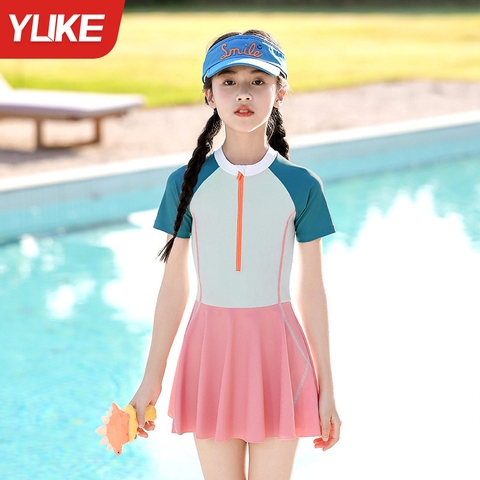 Đồ bơi bé gái liền thân dáng váy vải co dãn 4 chiều chống nắng hiệu YUKE - size 13-35kg