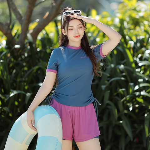 Đồ Bơi Nữ 2 Mảnh Thon Gọn, Che Mỡ Bụng – Thiết Kế Áo Tay Ngắn Kèm Quần Váy Xinh Xắn