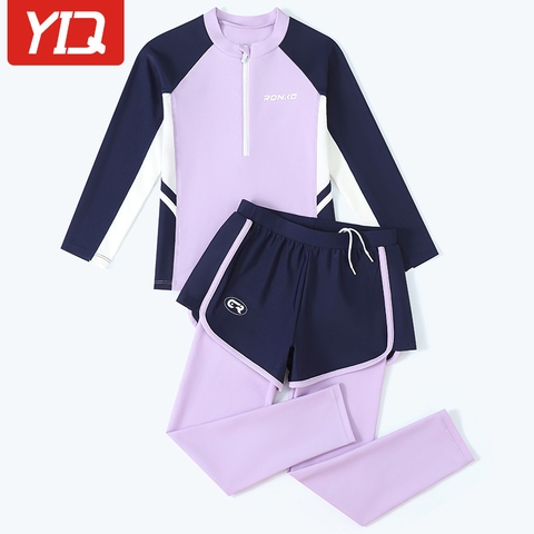 Đồ bơi bé gái YUKE tay dài quần dài phối quần sọc - kéo khóa trước, màu tím pastel chống nắng dễ thương