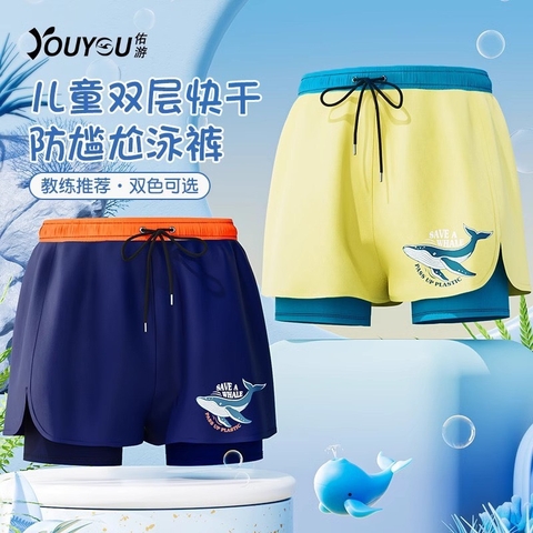 Quần bơi bé trai 2 lớp dày dặn đáng yêu in hình cá voi Save the whale có dây rút quần tiện lợi size tới 45kg