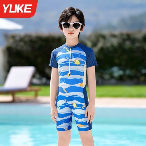 Đồ bơi liền thân bé trai họa tiết đại dương tay ngắn, khóa kéo trước tiện lợi – Hiệu YUKE