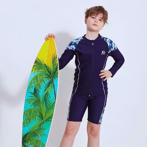 Đồ bơi bé trai tay dài quần lửng Yobel phối vai sườn xám, khóa kéo trước tiện lợi