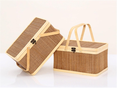 Bamboo Wicker storage basket with rope and handle bamboo basket with lock catch with lid for home decoration