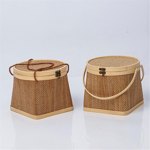 Hand woven storage basket with handle bamboo square basket bamboo village house décor