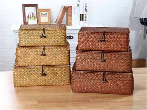 Bamboo box straw weaving basket housewarming decor vintage storage basket straw gift box
