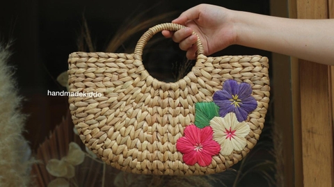 100% Natural Basket Handmade Water Hyacinth Bag Woven Bag Straw Beach Handbag