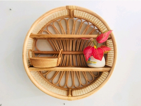 Vintage Round Natural Wooden Wicker Rattan Woven Wall Shelf Rack for Bathroom
